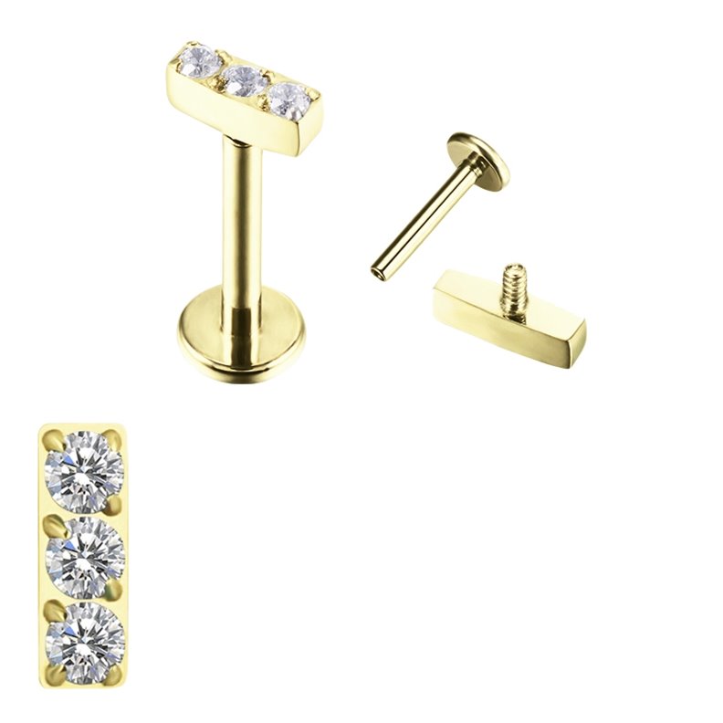 Piercing Labret Rectangular 3 strass en Titanio PVD Oro