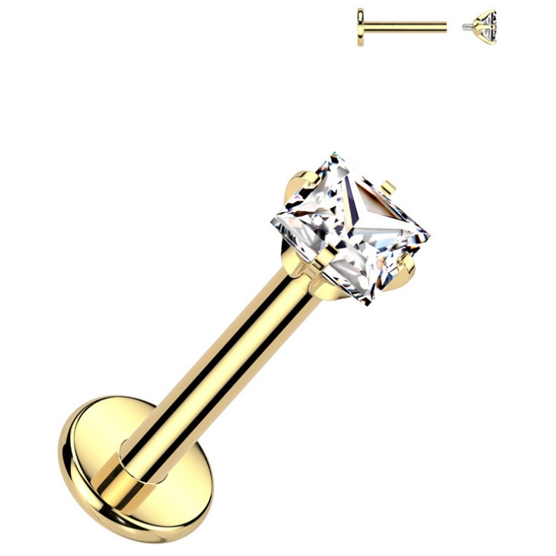 Piercing Labret avec zirconium griffé carré en Titane PVD Gold Piercing Labret avec zirconium griffé carré en Titane PVD Gold