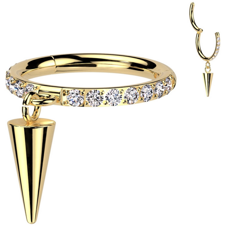 Piercing Anneau Clicker serti de zircons latéraux et son pendentif spike en Titane PVD Gold Piercing Anneau Clicker serti de zircons latéraux et son pendentif spike en Titane PVD Gold