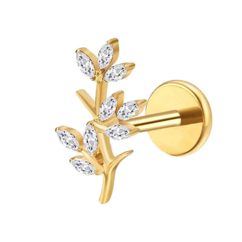 Piercing Labret 9 hojas con circonitas en Titanio PVD Gold
