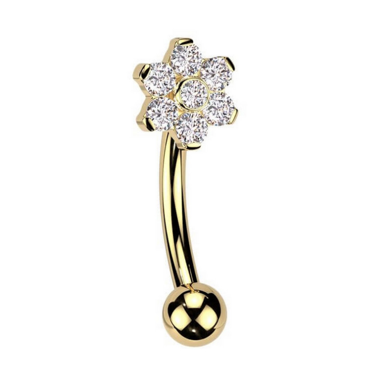Piercing Barbell courbé design fleur et zircon en Titane PVD Gold Piercing Barbell courbé design fleur et zircon en Titane PVD Gold